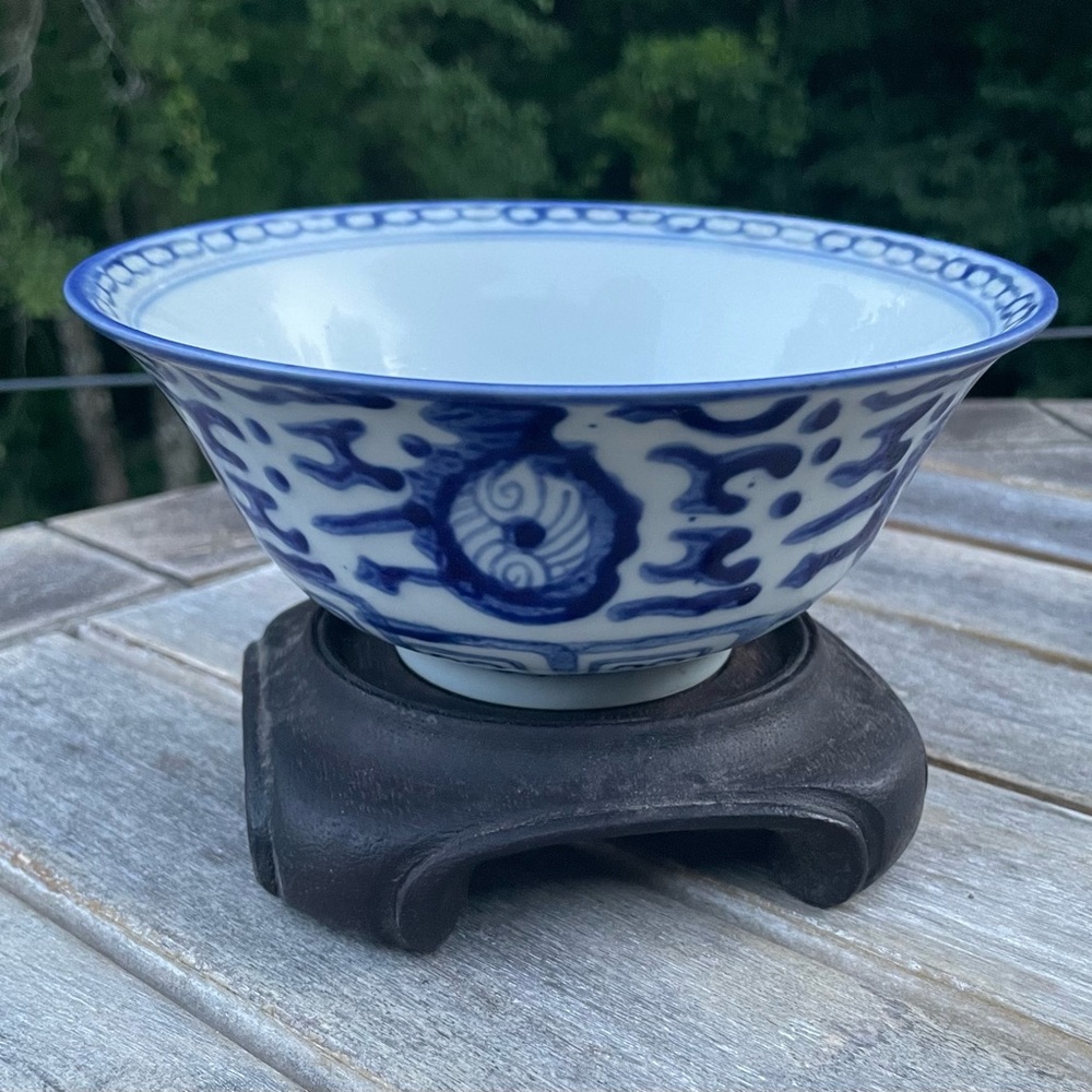 Vintage Chinese Blue and White Porcelain Bowl with Wood Stand - 6” Hand Painted